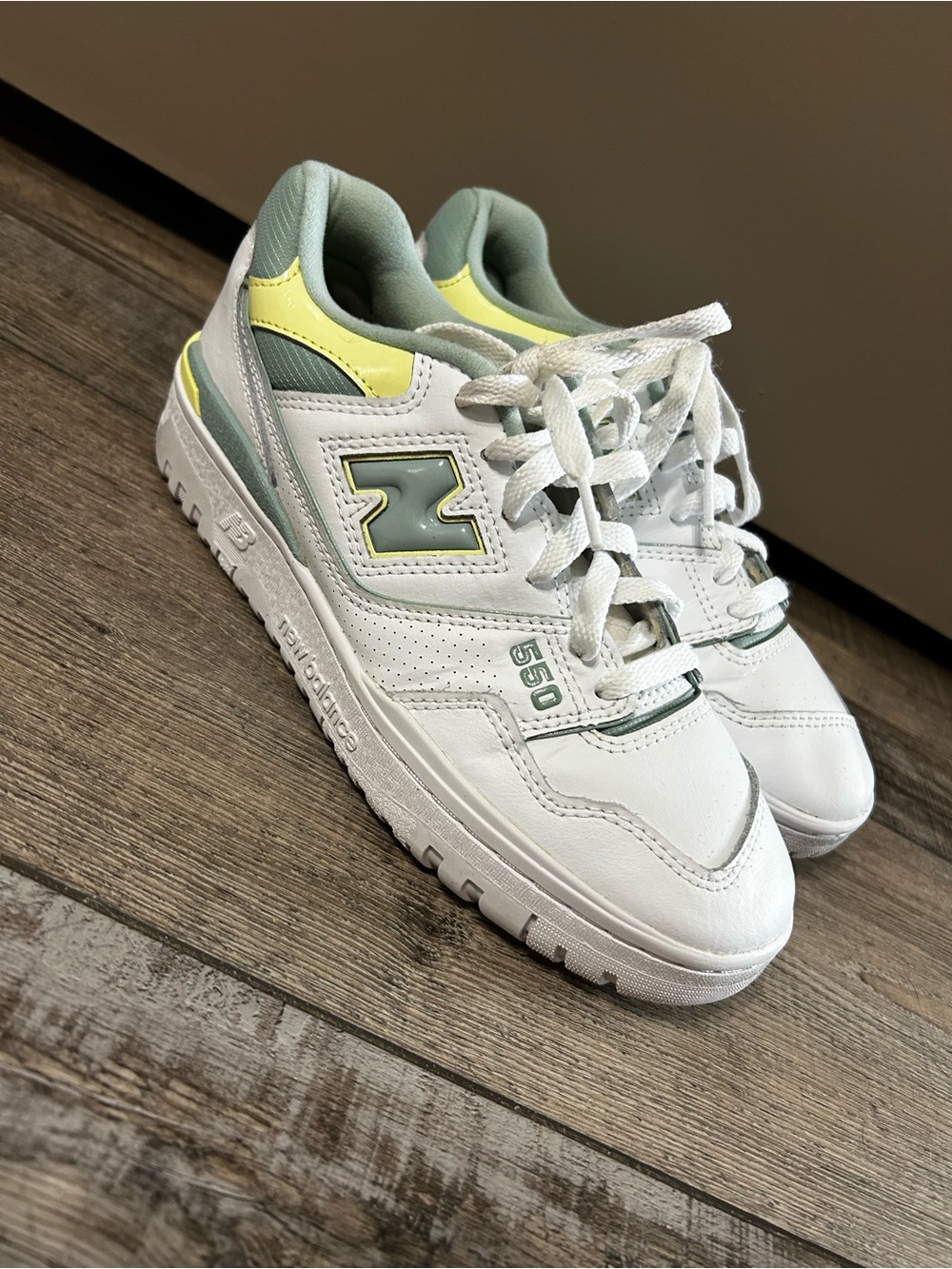 women's New Balance 550 "Salt Marsh Limelight" white leather tennis sneakers